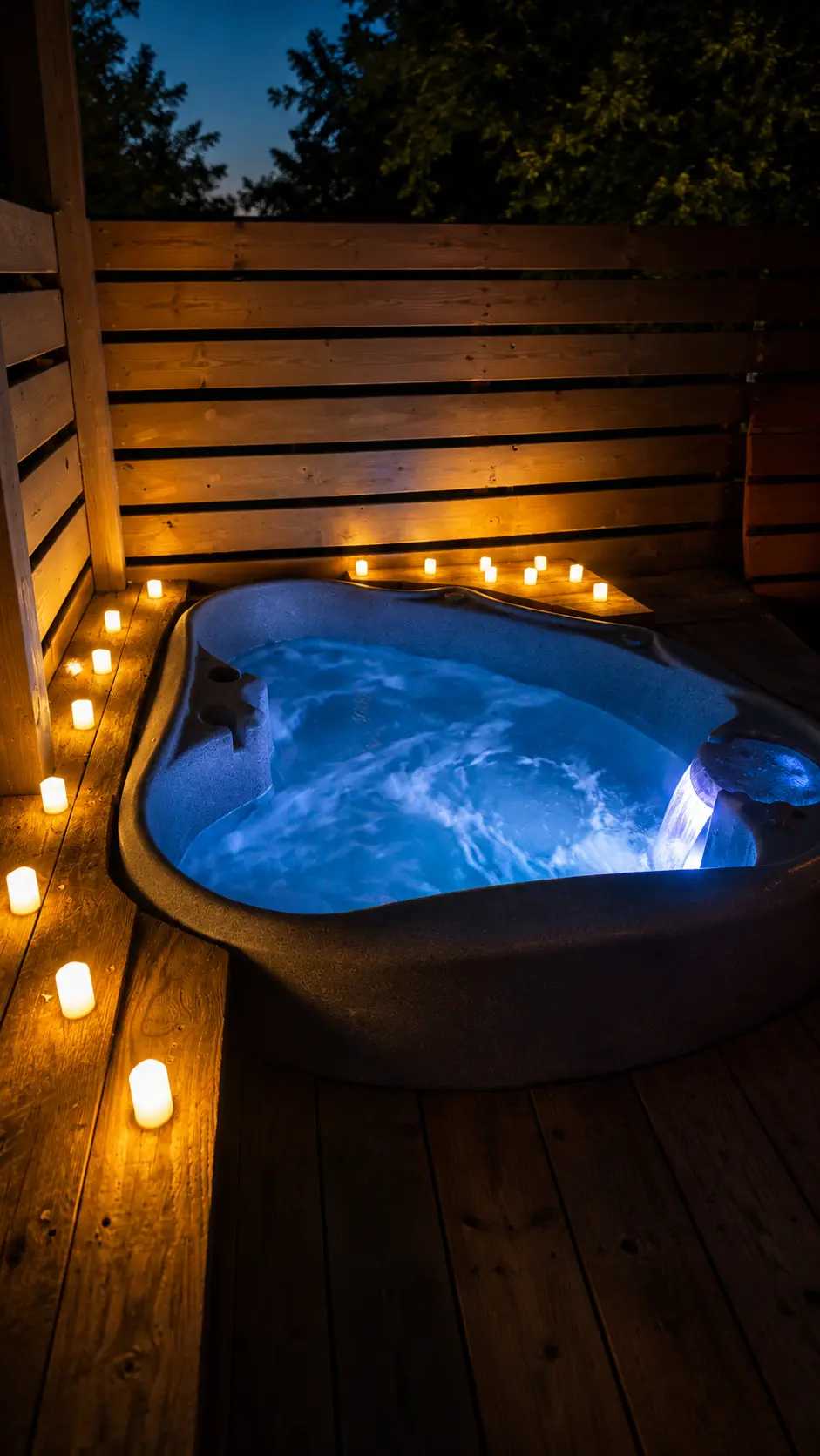 Candlelit hot tub at Waterfront Retreat